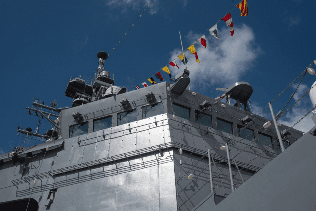 Naval command tower with signal flags