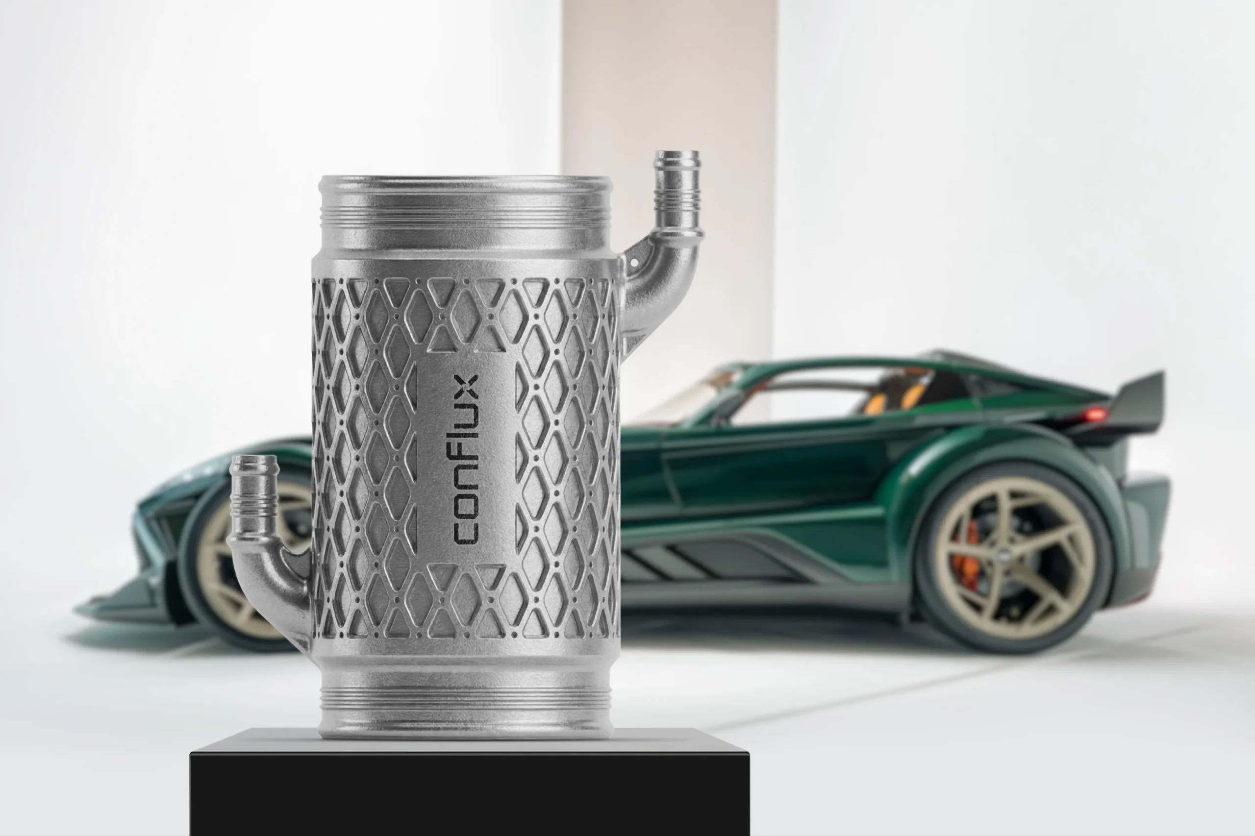 Closeup of Conflux intercooler with Donkervoort P24 RS in background